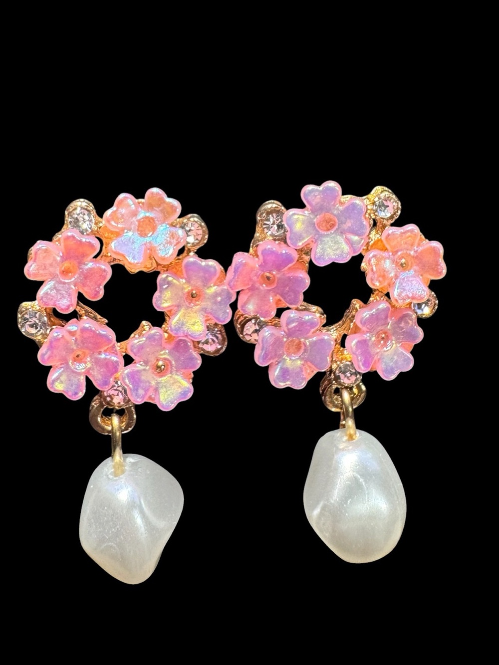 Pink Floral Cluster Drop Earrings with Pearlescent Dangles